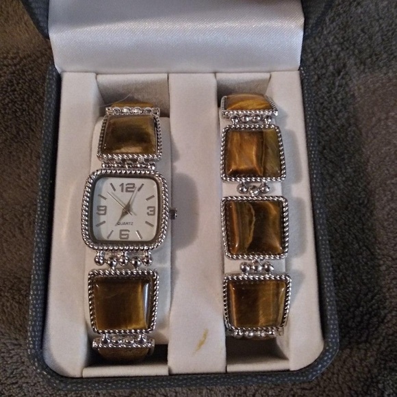 Quartz Accessories - Ladies Quartz Tigers Eye Watch & Bracelet Set
